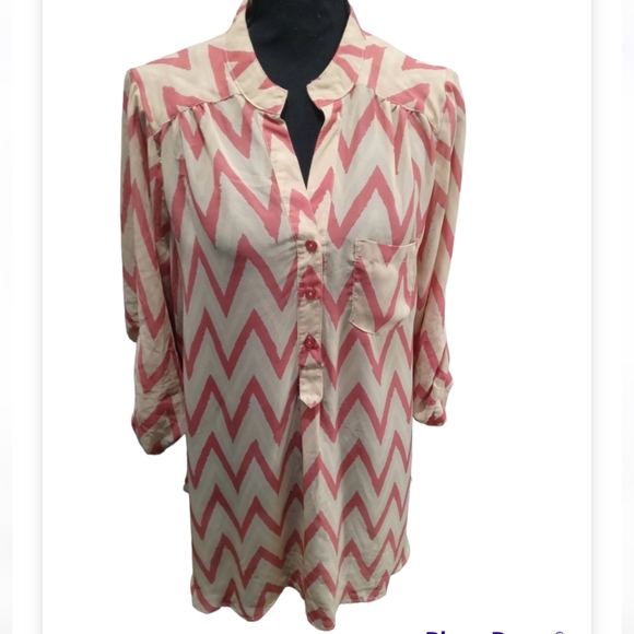 Riley+James Tan and Orange Zig Zag Stripe Long Sleeve Button Front Tunic Blouse - Picture 6 of 8